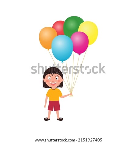 Little girl is holding balloons in his hands. Funny cartoon character. Flat colorful vector set isolated on white background