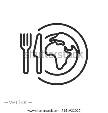 food on earth icon, globe and fork with knife, concept world hunger,  thin line symbol on white background - editable stroke vector illustration Royalty-Free Stock Photo #2151933027
