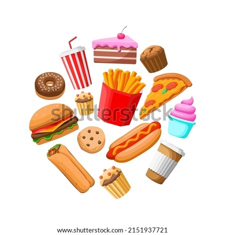 Fast food meals set in circle. Junk food. Unhealthy food. Classic burger, french fries pack, hot dog, pizza, burrito, shawarma, soda drink, cake, donut, cookie. Flat vector illustration	
 Royalty-Free Stock Photo #2151937721