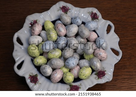 Decorative Easter eggs found in a circular pot