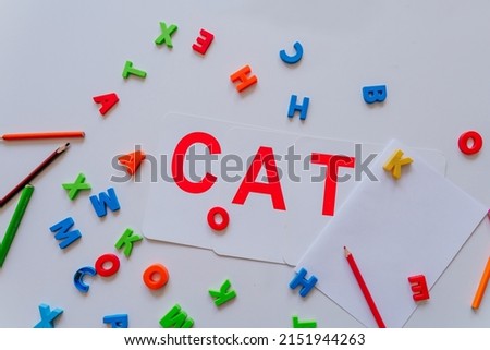 Word CAT made from letter paper cards and pile of colorful plastic letters on the table. School background. Learning concept. Top view, flat lay.