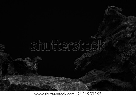 A Foreground Rock Shelf for a Product Display, Showing a Top Flat Ledge of a Stone Surface with Detail to a Tree Stump Background. Royalty-Free Stock Photo #2151950363