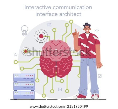 Interactive communication concept. Artificial intelligence identify human face and emotions. People brain's electrical activity managing external devices. Flat vector illustration