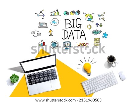 Big data theme with computers and a light bulb