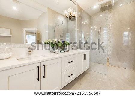 Spacious master bathroom with glass wall shower free standing bathtub large mirrors toilet with privacy wall and white cabinets Royalty-Free Stock Photo #2151966687