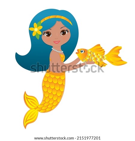 Lovely mermaid with gold fish. Isolated on white background. Vector illustration.