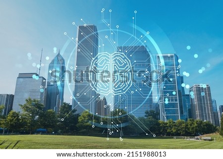 Chicago skyline, Butler Field towards financial district skyscrapers, day time, Illinois, USA. Parks and gardens. Artificial Intelligence concept. AI, machine learning, neural network, robotics Royalty-Free Stock Photo #2151988013