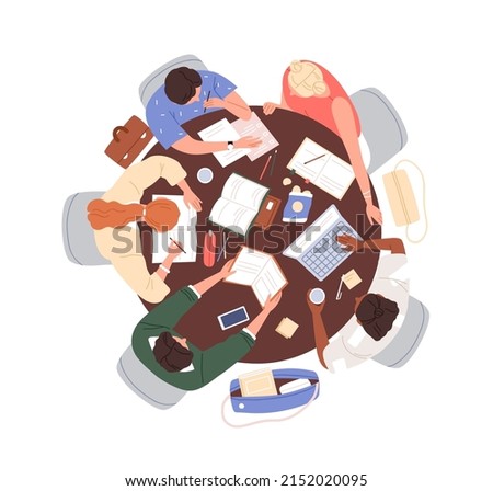 Group of people at table, top view. Students team work at desk with books, laptop. Meeting for teamwork, studying, preparing for exam together. Flat vector illustration isolated on white background Royalty-Free Stock Photo #2152020095
