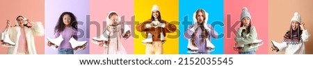 Set of young women and little girls with ice skates on colorful background