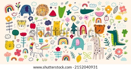 Baby hand-drawn design for textile, posters, cards. Baby animals pattern. Fabric baby design. Vector illustration with cute animals. Nursery baby pattern illustration