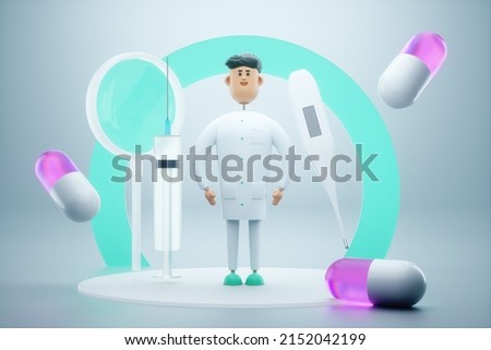 Unusual 3d illustration of a doctor in a white coat. The concept of healthcare, medicine, modern design, magazine style. 3D render, 3D illustration. Medical concept.