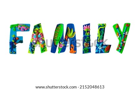 Bright funny family cute handmade lettering parrot art isolated on white background decorated with topical palms, exotic flowers
