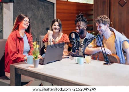 young people student gen z talking at podcast radio university program 
