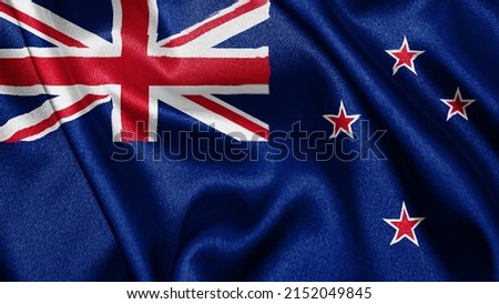 Close up realistic texture fabric textile silk satin flag of New Zealand waving fluttering background. National symbol of the country. 6th of February, Happy Day concept
