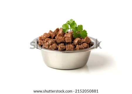 Delicious wet food for a cat or dog, pieces of nutritious meat for an animal, dog or cat in a plate on a white background. Royalty-Free Stock Photo #2152050881