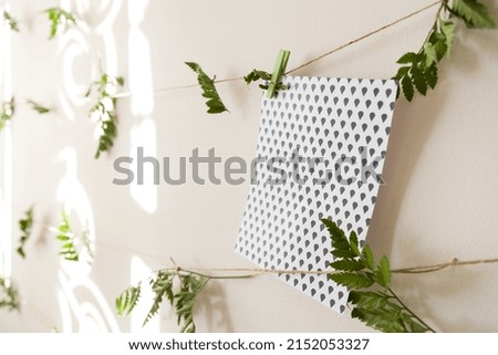 Greeting card and fern branches hanging on ropes on a sunny morning. Solar patterns from the curtains in the background.