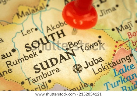 Location South Sudan, map with push pin closeup, travel and journey concept with marker, Africa