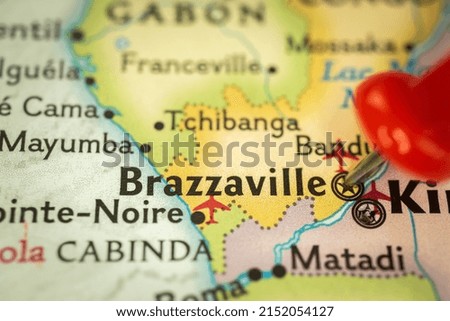 Location Brazzaville in Congo, map with push pin closeup, travel and journey concept with marker, Africa