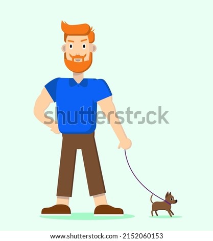 Funny brutal red-haired man on a walk with a small dog. Vector illustration, flat design Royalty-Free Stock Photo #2152060153