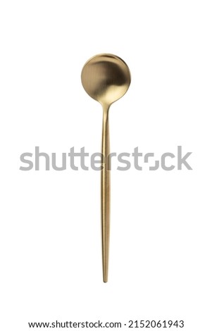 Small round golden spoon isolated on a white background. Top view. Metal teaspoon Royalty-Free Stock Photo #2152061943