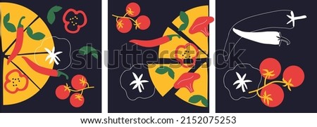 Abstract Pizza and vegetables set. Italian Pizza on black background cartoon illustration. Vector. Funny colored typography poster, advertising, packaging print design, restaurant menu decoration. Royalty-Free Stock Photo #2152075253