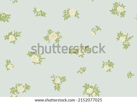 Roses flowers on branches. Millefleurs trendy floral design. Seamless pattern, background. Vector illustration. On soft blue background