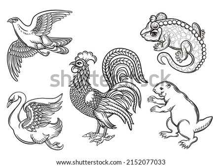 Symbolic heraldic animals and birds. Set off eagle, beaver, rooster, swan and salamander.Traditional character styles for coats of arms and shields. Clip art, elements for design Vector illustration.