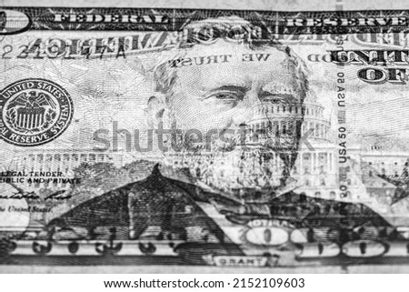 fragment of 50 dollar banknote with visible details of banknote reverse for design purpose