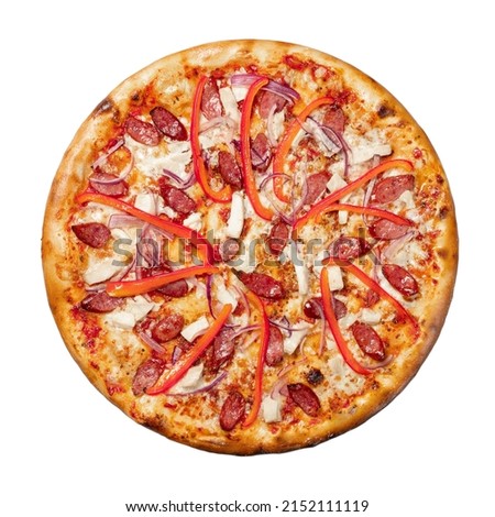 Hunting pizza with hunting sausages isolated on a white background top view.