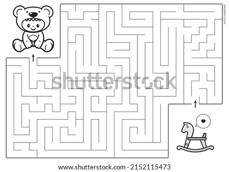 Vector black line printable maze. Format A4. Coloring book educational maze with little baby in teddy bear costume. Size landscape.