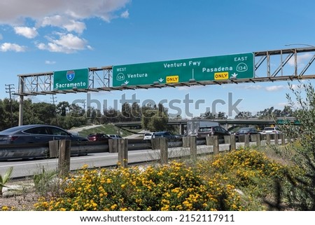 Ventura Freeway interchange sign on Interstate 5 near Griffith Park and Burbank in Los Angeles, California. Royalty-Free Stock Photo #2152117911