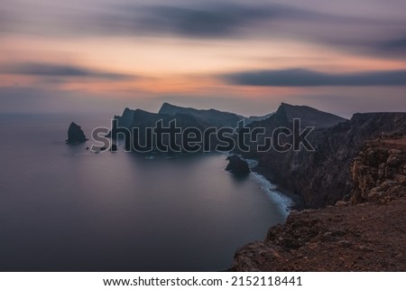 Sunset at Point of Saint Lawrence. East coast of Madeira island, Portugal. October 2021. Long exposure picture