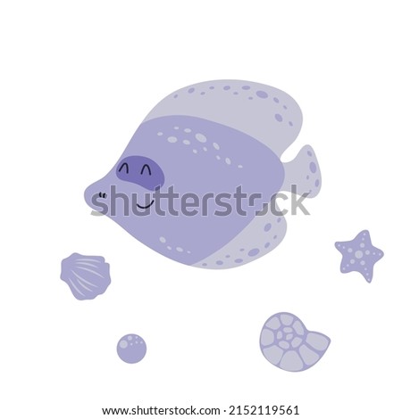 A cute purple fish with a beautiful hike. Cartoon marine character. Final illustrations of fish in kawaii style. Cartoon of fishes.