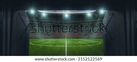 textured soccer game field with entrance to stadium - center, midfield Royalty-Free Stock Photo #2152122569