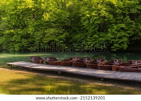 Wooden boats on Kozjak lake in Plitvice Lakes National Park, Croatia Royalty-Free Stock Photo #2152139201