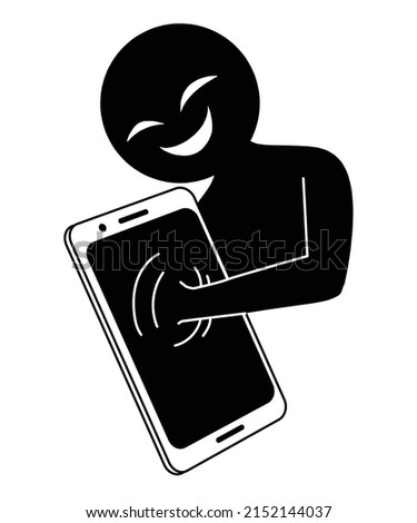 Illustration of a hacking image of a villain image who is putting his hand on a smartphone