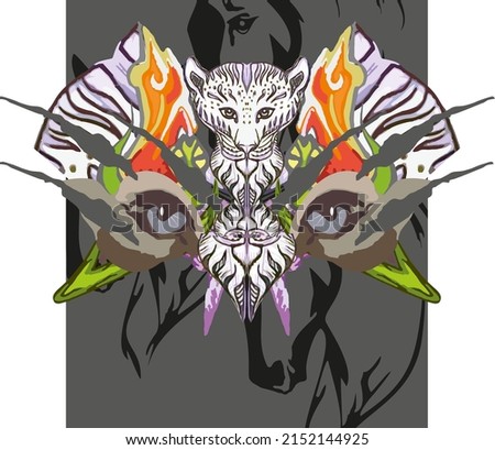 Monster butterfly wings with tiger eyes. Terrible tiger eyes on a dark background with elements of a snow leopard, colored butterfly wings and elements of a snake for carnival mask, posters, prints