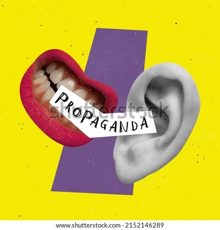 Contemporary art collage. Female mouth whispering fake news into ear isolated over yellow background. Concept of creativity, imagination, disinformation, rumors. Copy space for ad