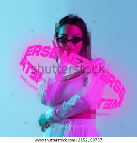 Contemporay artwork. Young beautiful woman in trendy sunglasses with neon lettering around pixel head isolated over blue background. Concept of digitalization, artificial intelligence, technology era