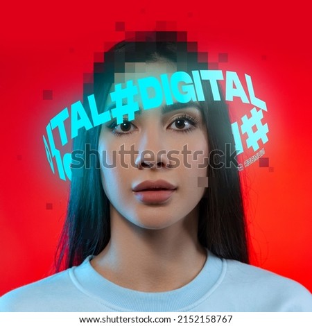 Contemporay artwork. Young beautiful girl with neon lettering around pixel head isolated over red background. Concept of digitalization, artificial intelligence, technology era, social media