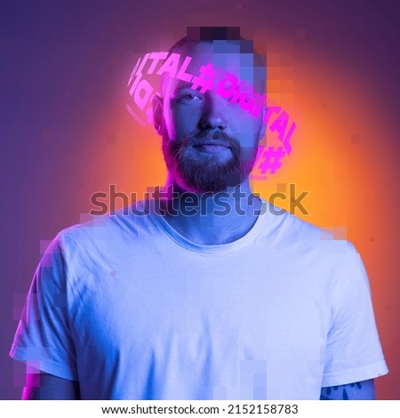Contemporay artwork. Young man with neon lettering around head posing isolated over purple background in neon light. Concept of digitalization, artificial intelligence, technology era