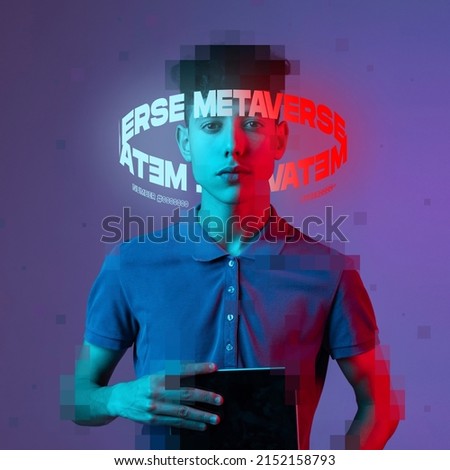 Contemporay artwork. Young boy. IT student with neon lettering around pixel head holding tablet isolated over purple background. Concept of digitalization, artificial intelligence, technology era