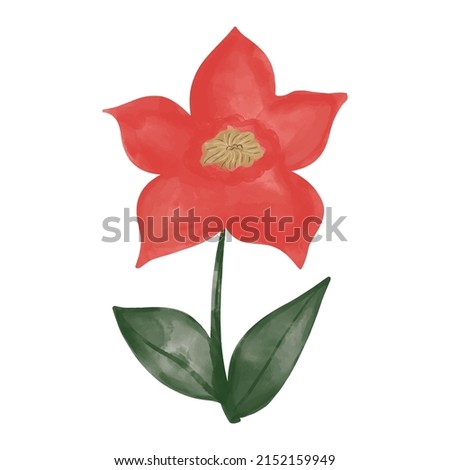 Vector watercolor textured simple naive flower with leaves illustration. Cute artistic creative hand drawn floral design element