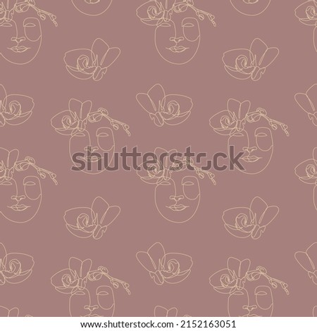 Seamless pattern with one single line drawings of female face and orchid flowers. Black line on white background