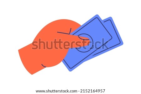 Hand holding abstarct paper money. Arm giving banknotes, paying on cash. Currency, bank notes in fingers icon. Finance, payment concept. Flat vector illustration isolated on white background