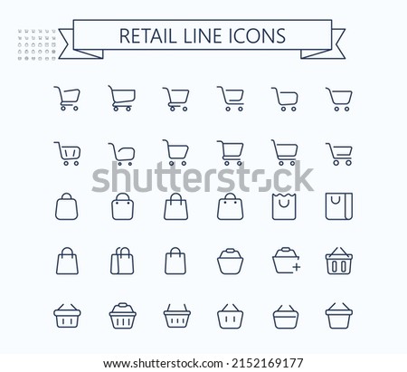 Shopping cart, shopping bag and grocery basket vector outline mini line icons set. 24x24 px. Pixel Perfect. Editable stroke. Royalty-Free Stock Photo #2152169177
