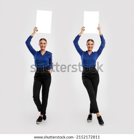 Announcement Concept. Set Of Confident Business Lady Holding White Advertisement Board In Hands, Standing Isolated On White Studio Background, Raising Lifting Sign Board Up, Full Body Length, Banner