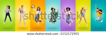 Enjoying Students Life. Full body length portrait of diverse group of people jumping up wearing backpacks and holding notepads over bright colorful gradient studio background wall celebrating vacation