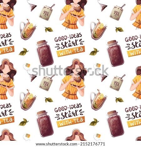 Seamless pattern with teacups, jar and beautiful woman. Tea shop, break, cafe-bar, tea lover, tea party, beverages concept. Perfect for product design, scrapbooking, textile, wrapping.