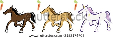 Brown Horse, Unicorn and Pony Running, Walking and Racing with a cute carrot Lines illustrations